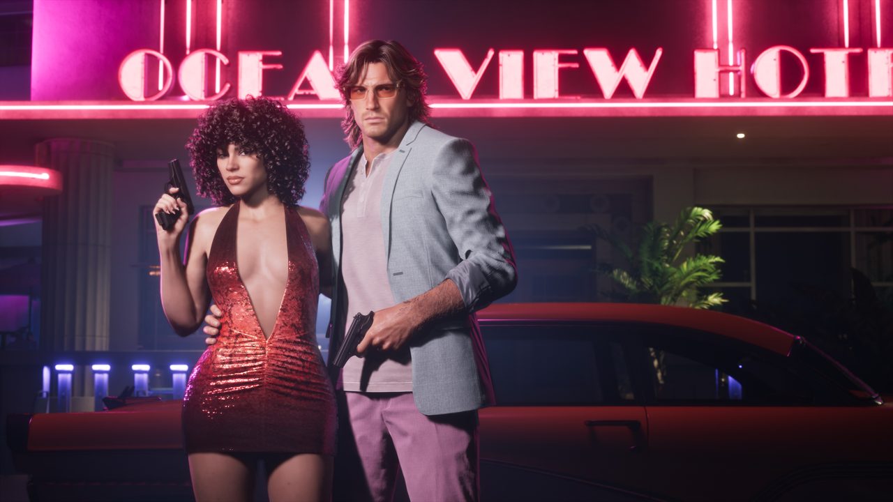 Jason and Lucia in retro outfits outside a neon motel, from the Vintage Vice City Pack